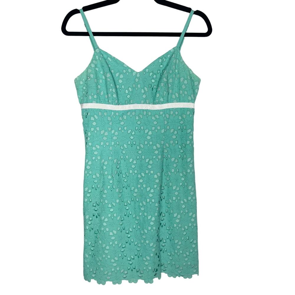 Lilly Pulitzer 4 Teal Green Eyelet Mini Dress Cotton V Neck Trim Waist Summer